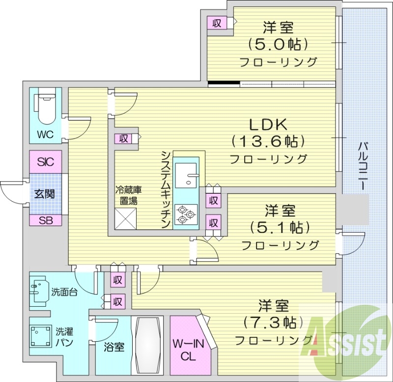 3LDK、システムキッチン、シャワートイレ、追い焚き