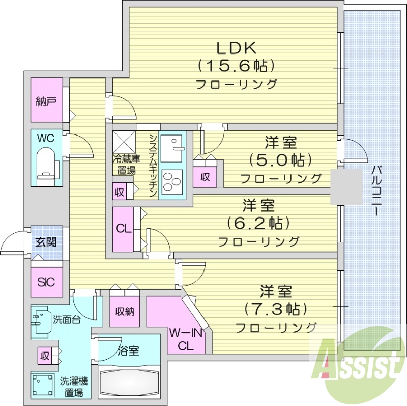 3LDK、システムキッチン、シャワートイレ、追い焚き