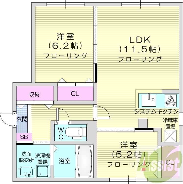 2LDK、エアコン、システムキッチン、顔認証オートロック