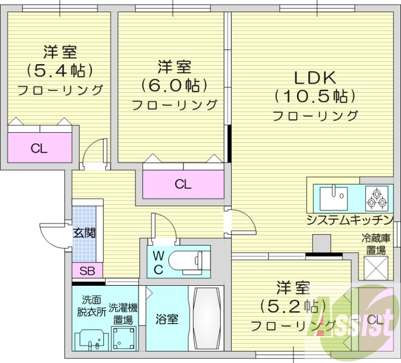 3LDK、エアコン、システムキッチン、顔認証オートロック