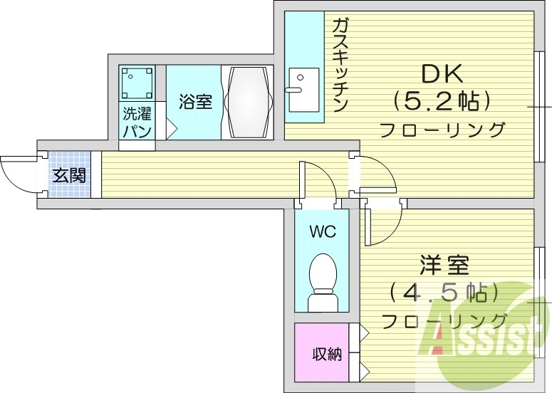 1LDK、灯油暖房、バストイレ別、モニター付きインターホン