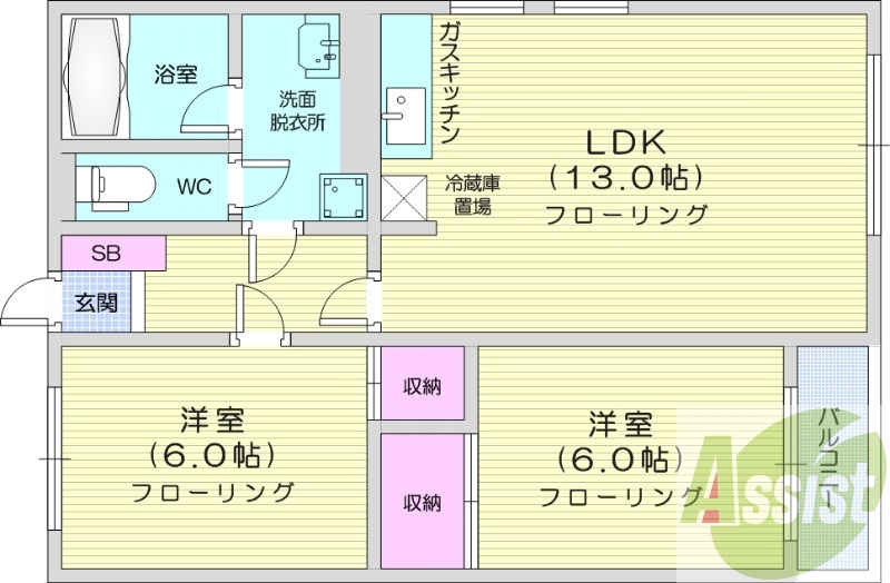 2LDK、洗髪洗面化粧台、ガスキッチン、シャワートイレ