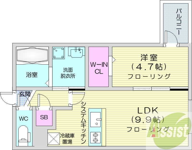 1LDK、都市ガス、浴室乾燥機、エアコン、システムキッチン