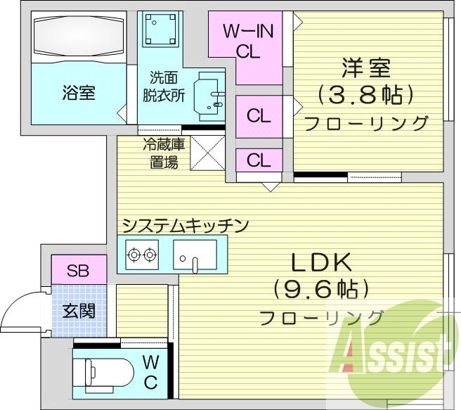 1LDK、都市ガス、エアコン、システムキッチン