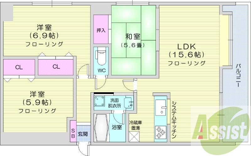 3LDK、トランクルーム、システムキッチン、独立洗面台