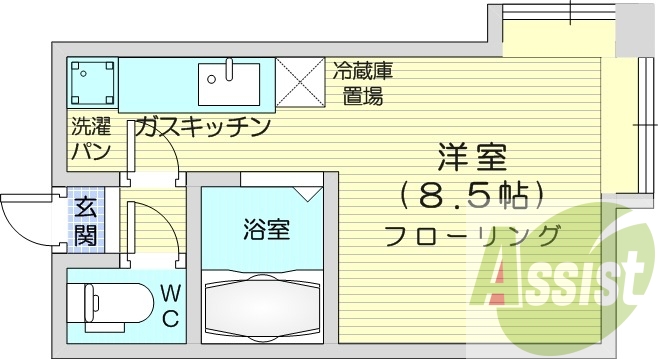 1ルーム、灯油暖房、バス・トイレ別、洗濯機置場