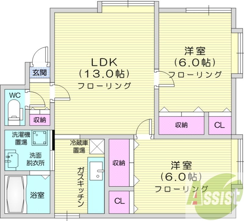 2LDK、角部屋、エアコン、灯油暖房、TVインターホン