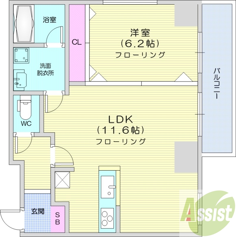 1LDK、カウンターキッチン、バルコニー、洗面台独立