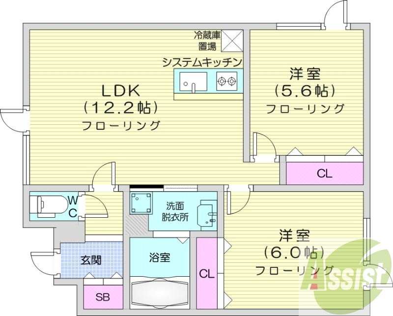 2LDK、エアコン、システムキッチン、浴室乾燥機