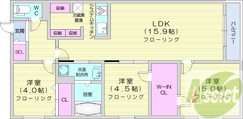 3LDK、都市ガス、エアコン、追い焚き、ネット無料