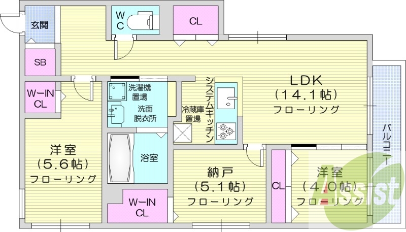 3LDK、エアコン、都市ガス、システムキッチン、宅配ボックス