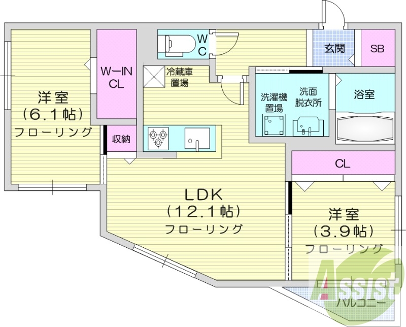 2LDK、エアコン、都市ガス、システムキッチン、宅配ボックス