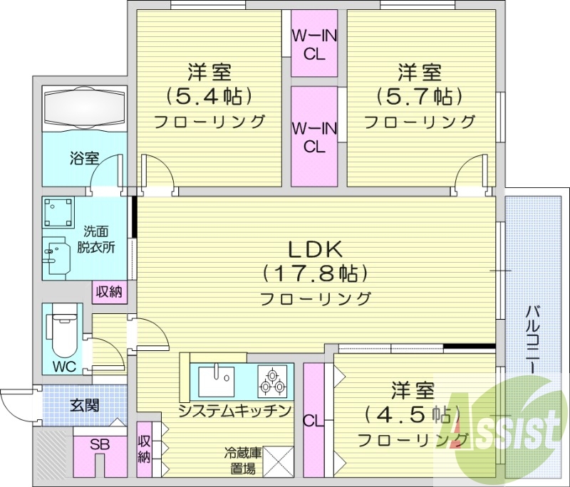 3LDK、都市ガス、エアコン、システムキッチン、追い焚き