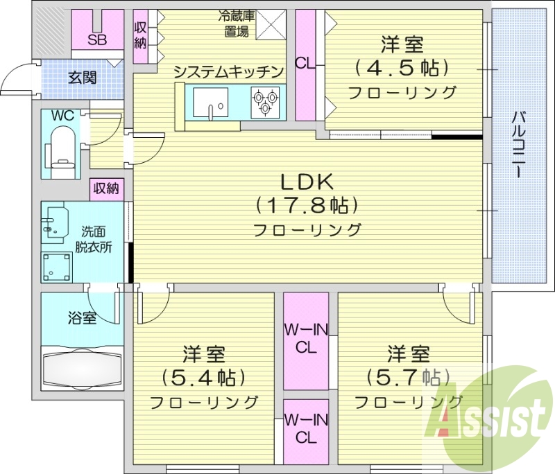 3LDK、都市ガス、エアコン、システムキッチン、追い焚き
