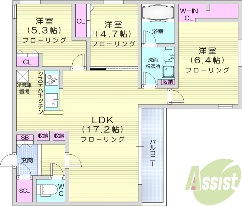 3LDK、都市ガス、エアコン、システムキッチン、追い焚き