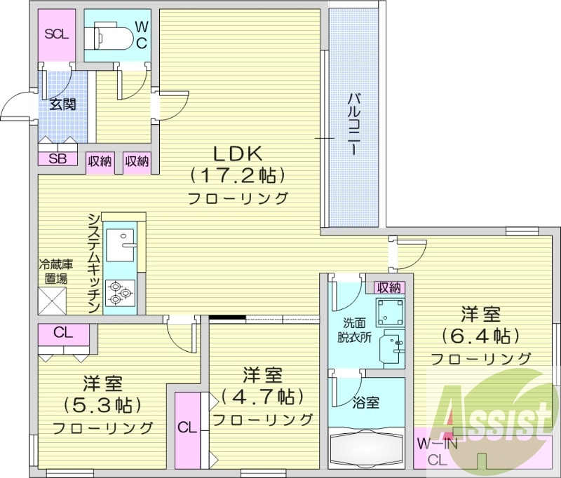3LDK、都市ガス、エアコン、システムキッチン、追い焚き
