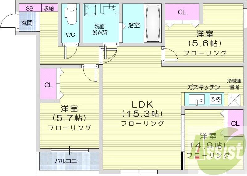 3LDK、エアコン、システムキッチン、浴室乾燥機