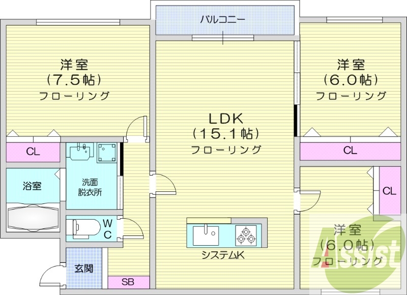 3LDK、エアコン、システムキッチン、浴室乾燥機