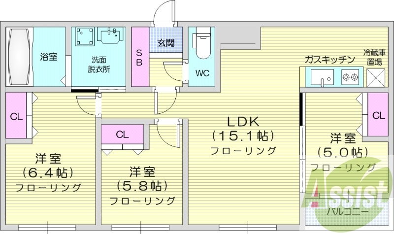 3LDK、エアコン、システムキッチン、浴室乾燥機