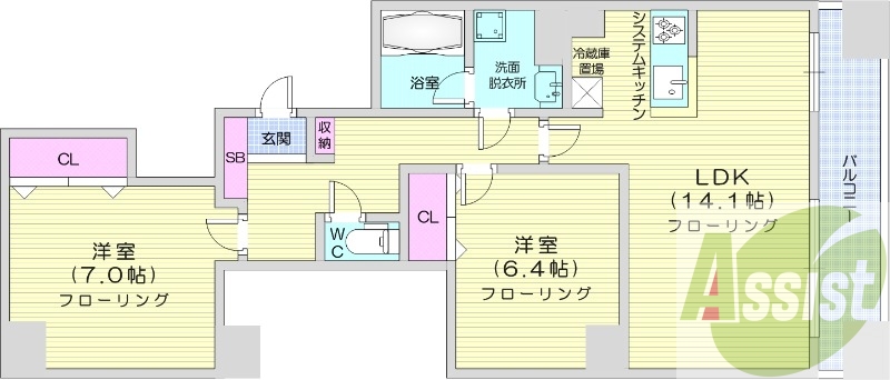 2LDK、クローゼット、システムキッチン、ウォシュレット
