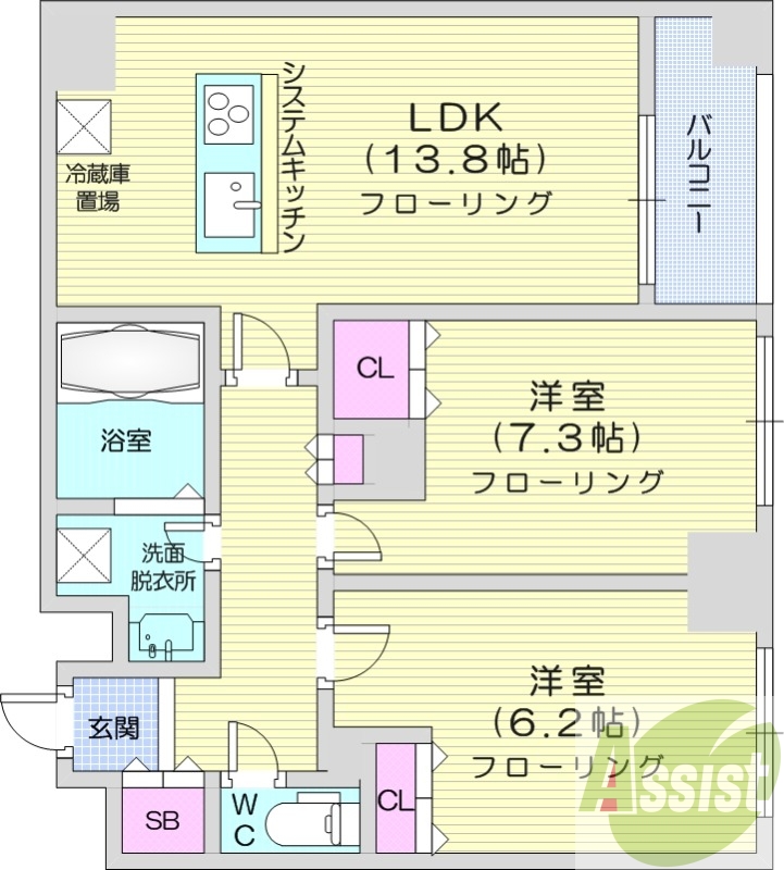 2LDK、クローゼット、システムキッチン、ウォシュレット