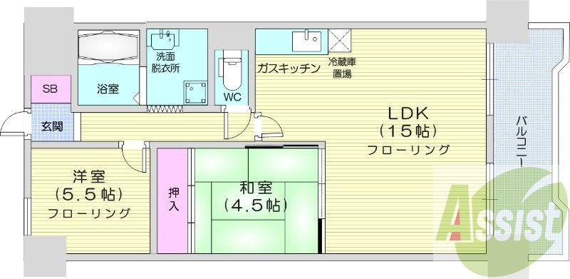 2LDK、都市ガス分譲マンション、システムキッチン
