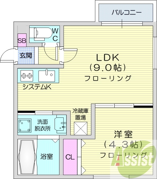 1LDK、都市ガス、エアコン、システムキッチン、ネット無料