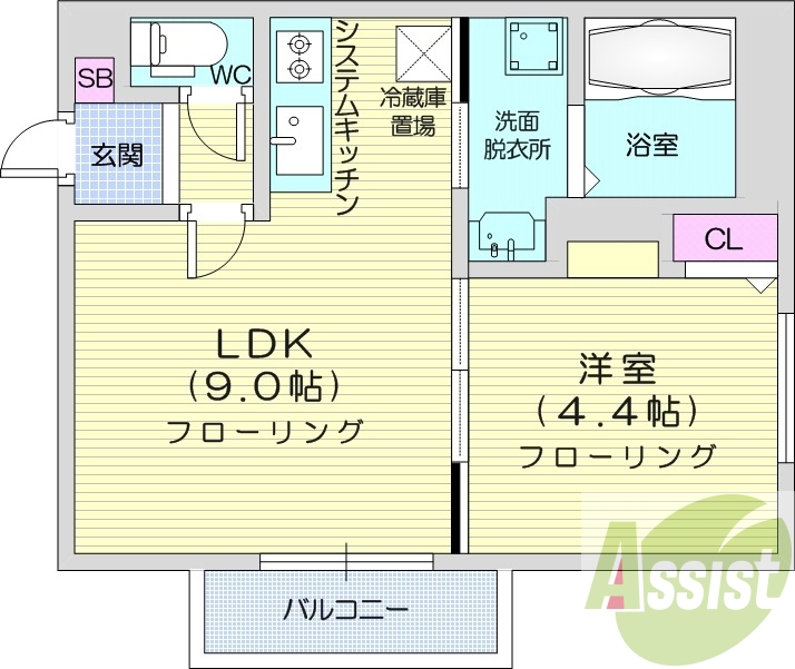 1LDK、都市ガス、エアコン、システムキッチン、ネット無料