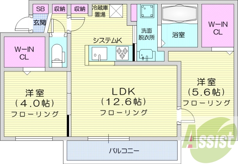 2LDK、都市ガス、エアコン、システムキッチン、浴室乾燥機