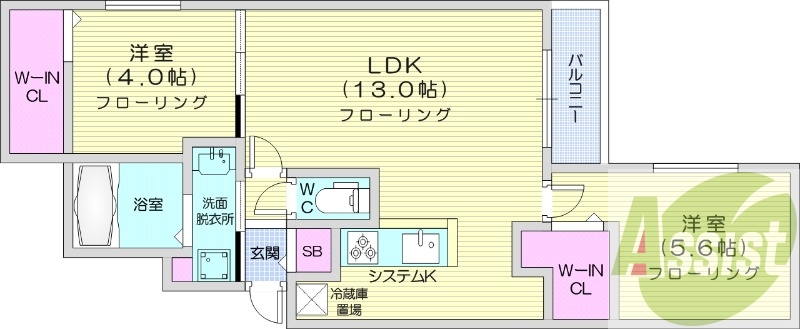 2LDK、都市ガス、エアコン、システムキッチン、浴室乾燥機