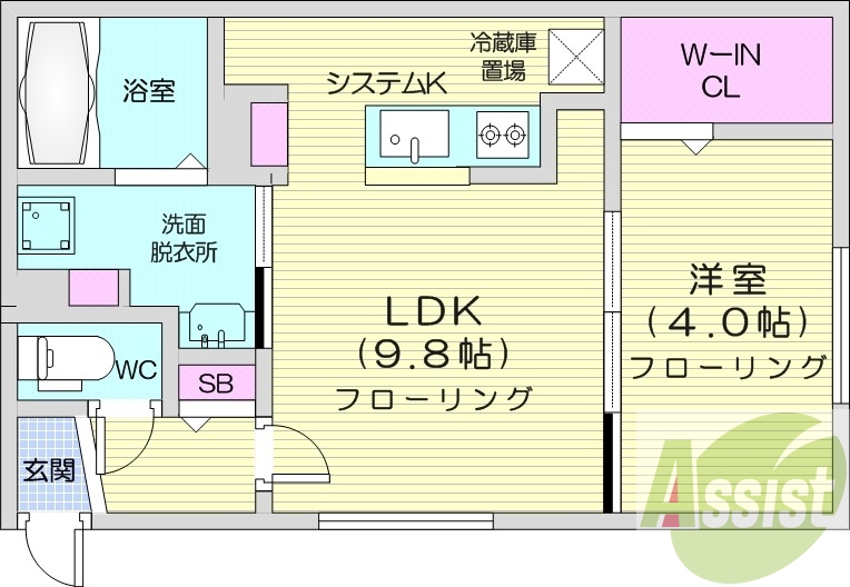 1LDK、都市ガス、エアコン、システムキッチン、浴室乾燥機
