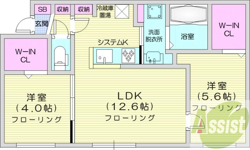2LDK、都市ガス、エアコン、システムキッチン、浴室乾燥機