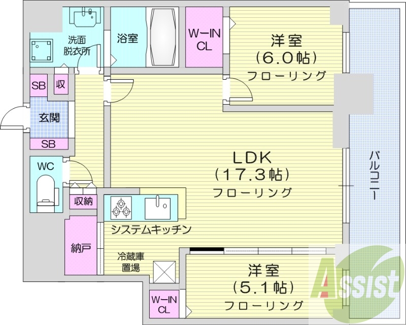 2LDK、システムキッチン、シャワートイレ、追い焚き