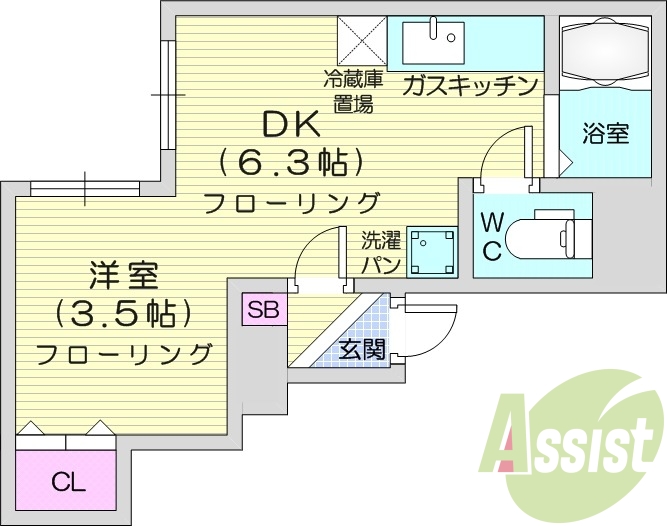 1DK、灯油暖房、バストイレ別、室内洗濯機置場