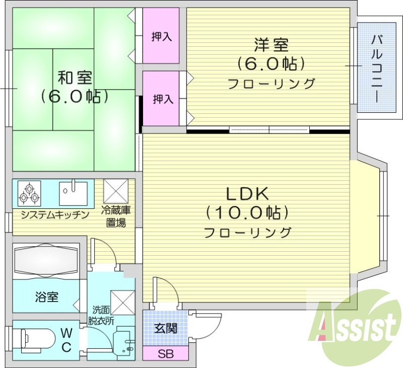 2LDK、システムキッチン、灯油暖房、バストイレ別