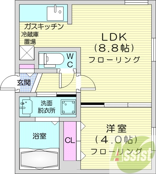 1LDK、都市ガス、エアコン、浴室乾燥機、独立洗面台