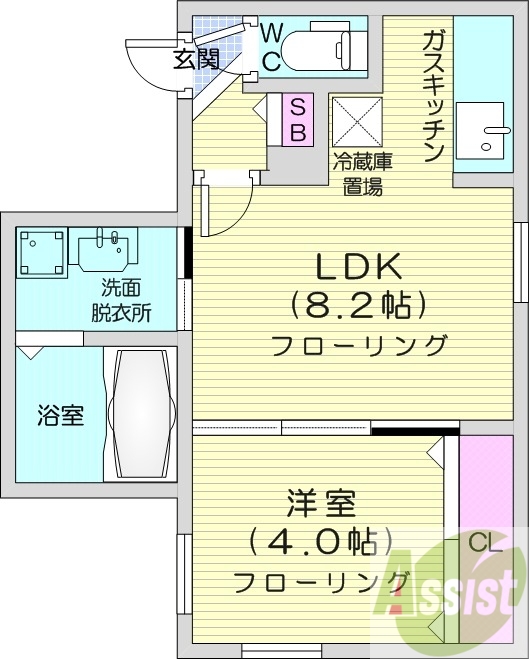 1LDK、都市ガス、エアコン、浴室乾燥機、独立洗面台