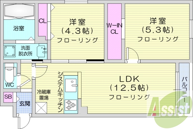 2LDK、都市ガス、エアコン、システムキッチン