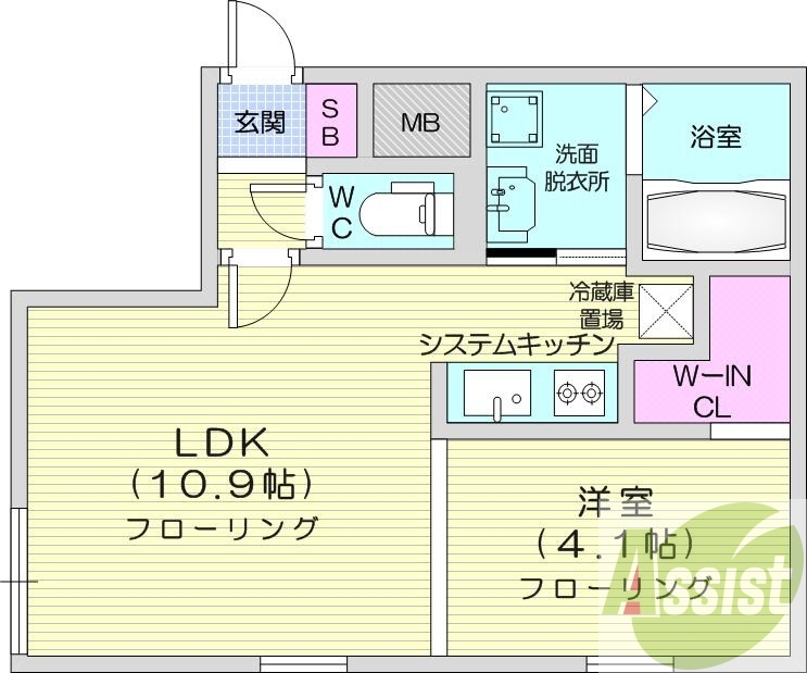 1LDK、都市ガス、エアコン、浴室乾燥機、システムキッチン