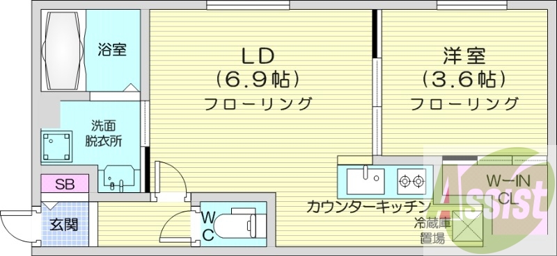 1LDK、エアコン、システムキッチン、独立洗面台