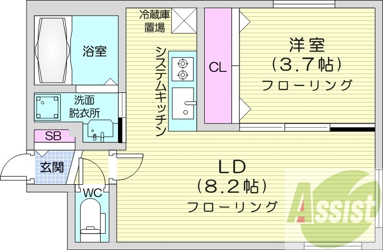 1LDK、エアコン、システムキッチン、独立洗面台