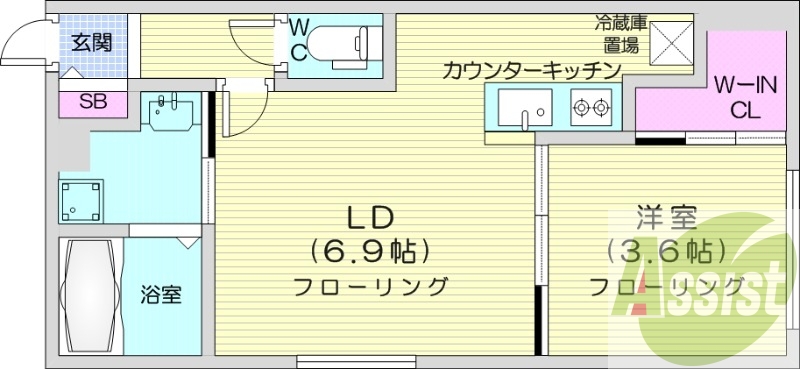 1LDK、エアコン、システムキッチン、独立洗面台