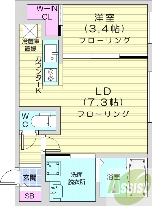 1LDK、エアコン、システムキッチン、独立洗面台