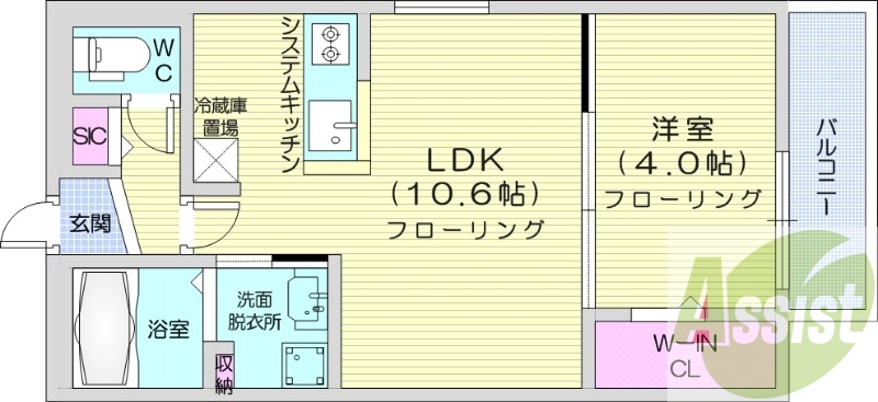1LDK、都市ガス、エアコン、システムキッチン、浴室乾燥機