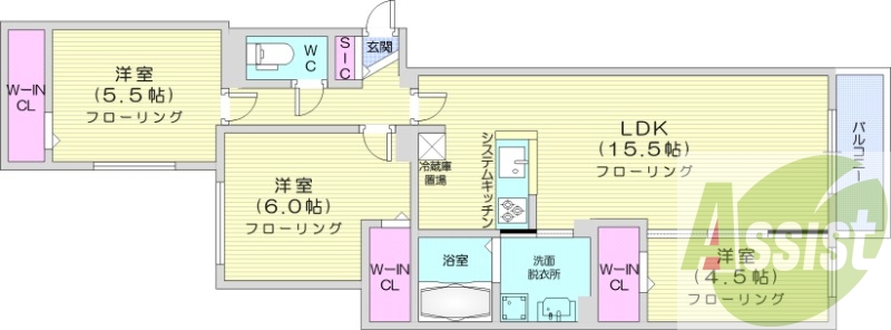 3LDK、都市ガス、エアコン、システムキッチン、浴室乾燥機