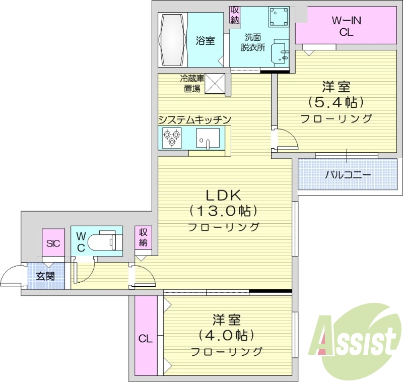 2LDK、都市ガス、エアコン、システムキッチン、浴室乾燥機