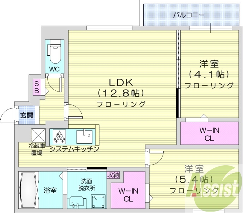 2LDK、都市ガス、エアコン、システムキッチン、浴室乾燥機