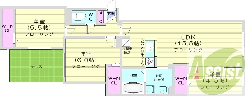 3LDK、都市ガス、エアコン、システムキッチン、浴室乾燥機
