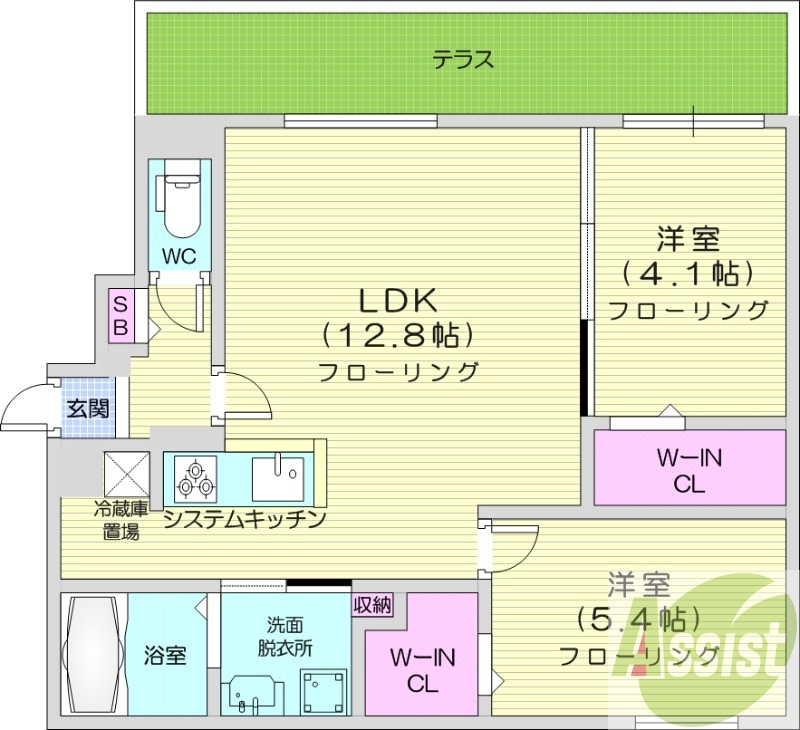 2LDK、都市ガス、エアコン、システムキッチン、浴室乾燥機