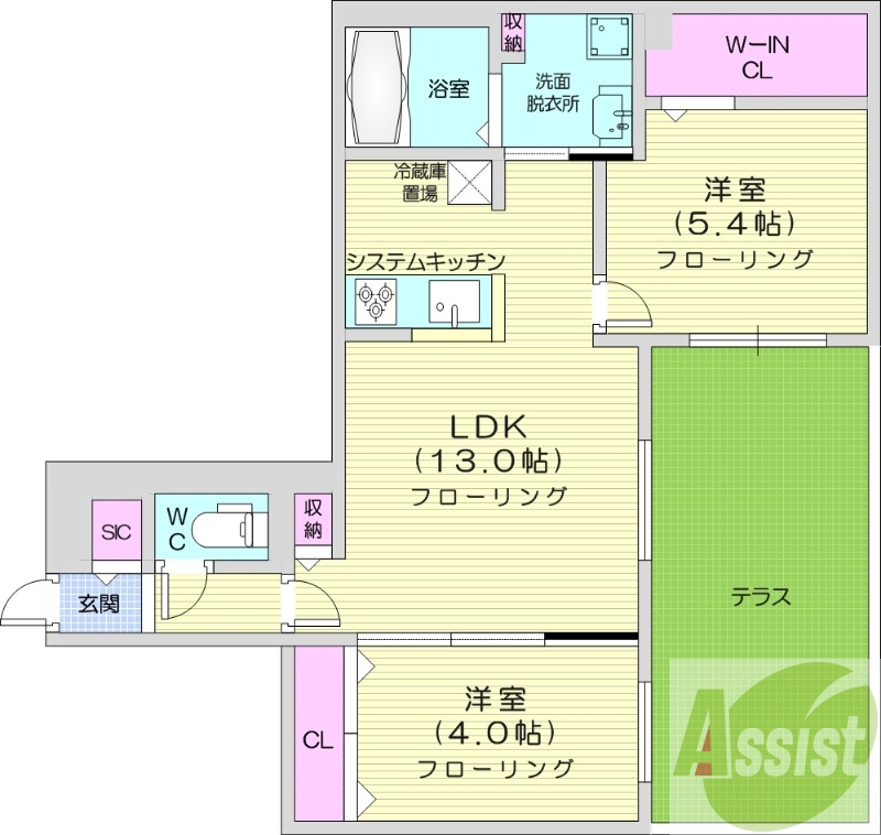 2LDK、都市ガス、エアコン、システムキッチン、浴室乾燥機